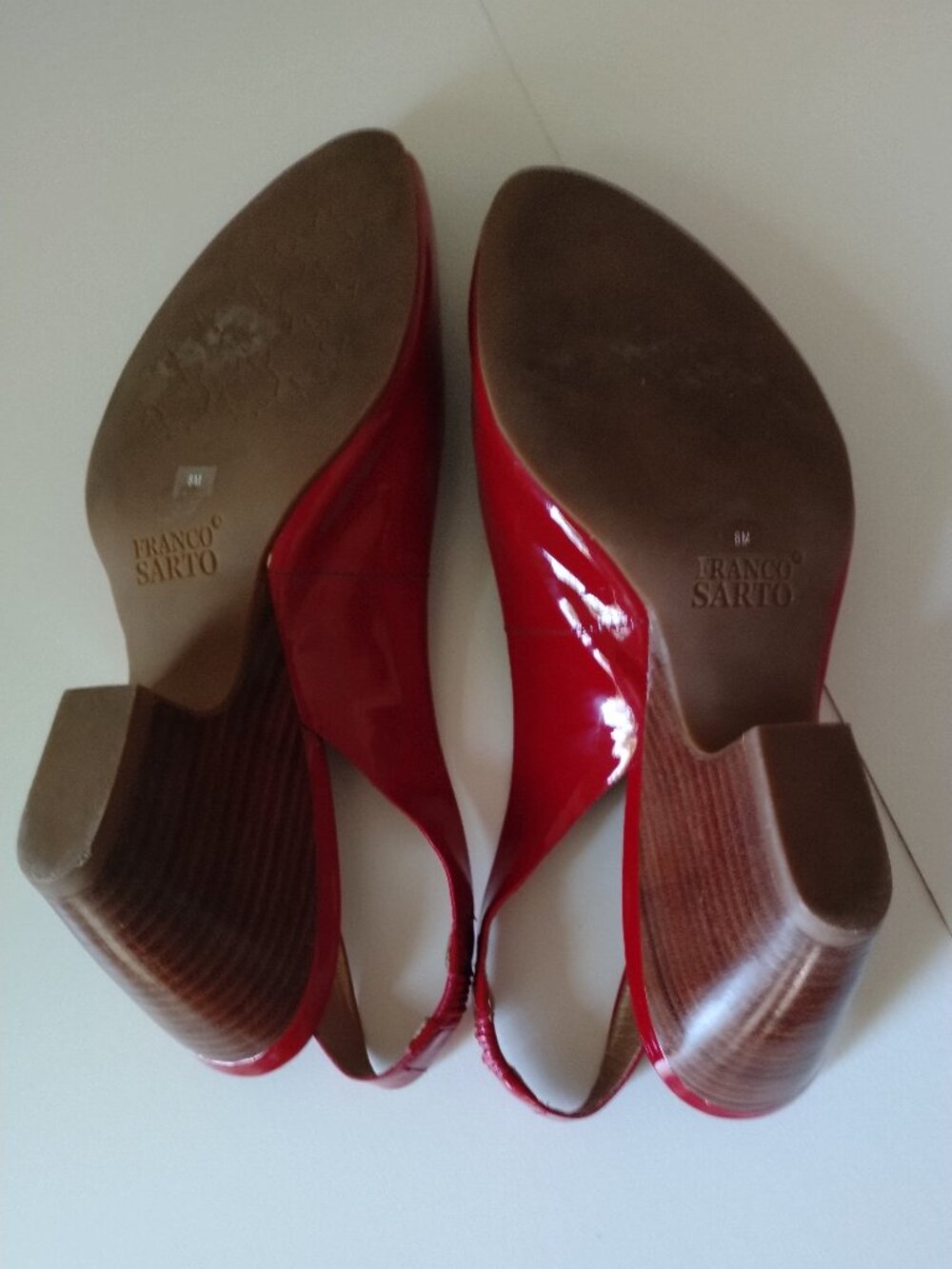 Franco Sarto Red Patent Leather Wedge Slingback Peeptoes, Size 8 - Picture 8 of 10